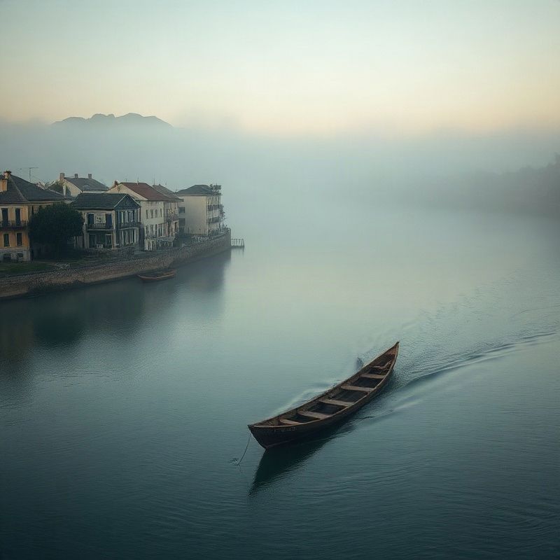 Río Uruguay al amanecer con niebla sobre el agua y una pequeña embarcación de pesca