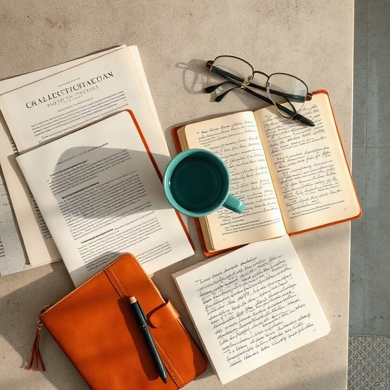 Escritorio editorial con artículos impresos y notas manuscritas