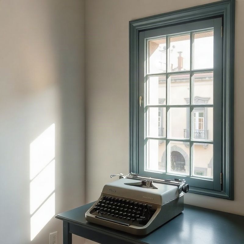 Máquina de escribir sobre un escritorio junto a una ventana con luz de tarde